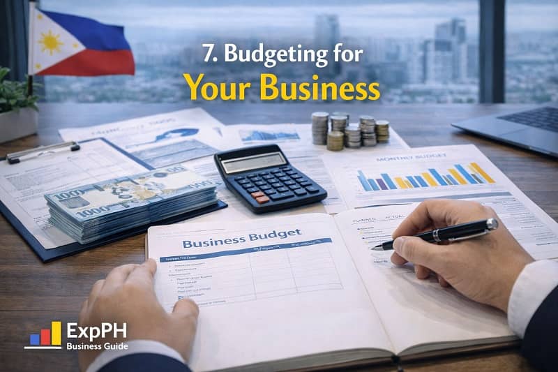 Budgeting for your business in the Philippines with financial planner, calculator, business budget notebook, and Philippine peso money on desk