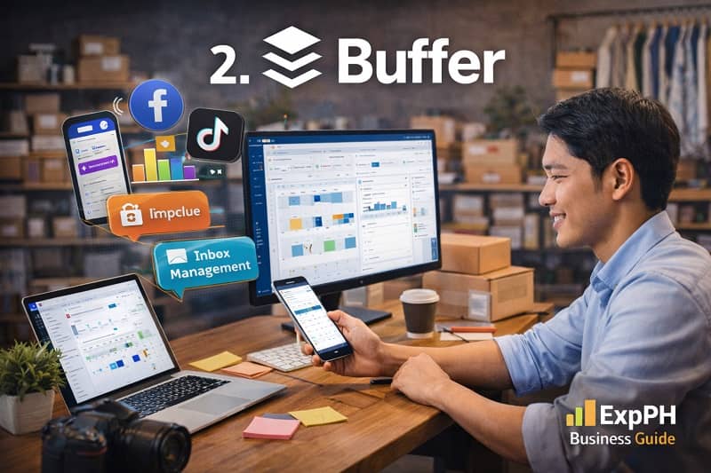 Filipino entrepreneur using Buffer social media scheduling dashboard on laptop and smartphone to manage posts and marketing performance