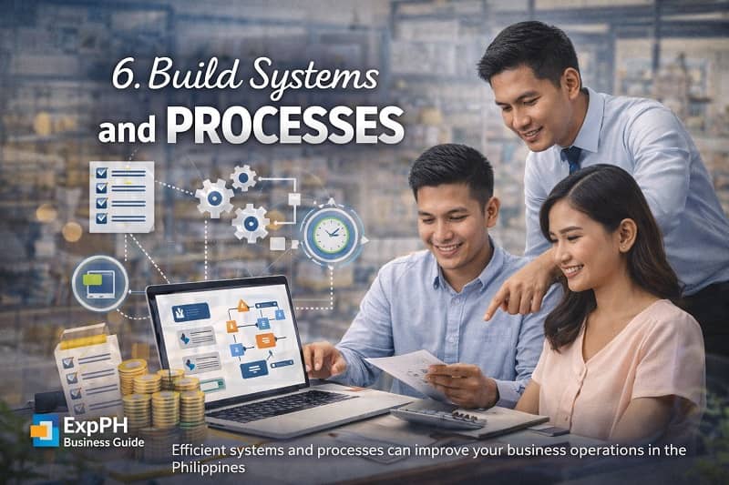 Filipino business team working on laptop with workflow charts and automation icons representing systems and processes for small business growth in the Philippines