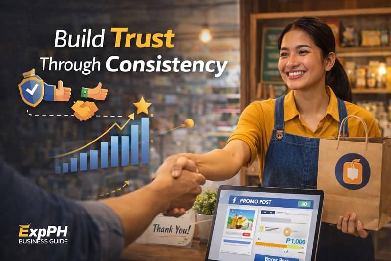 Filipino small business owner shaking hands with customer inside a local retail shop in the Philippines to show business trust and consistency