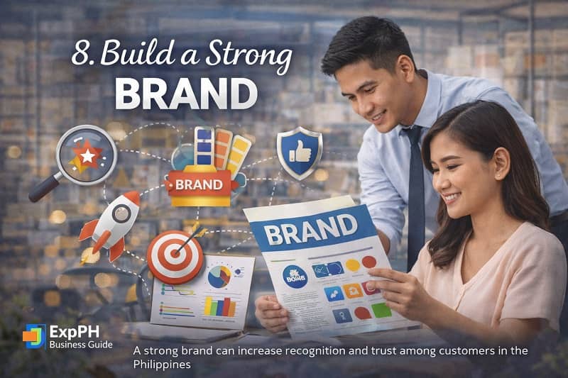 Filipino entrepreneurs reviewing branding materials and logo design representing building a strong brand for business growth in the Philippines