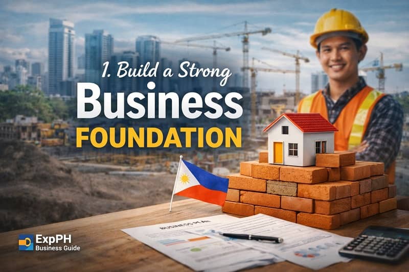 Filipino entrepreneur with construction elements and business documents symbolizing building a strong business foundation in the Philippines