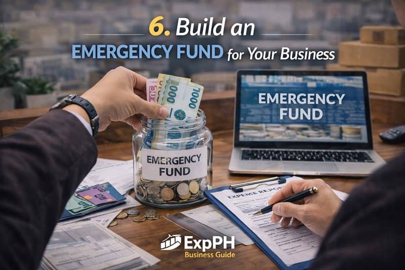 Filipino entrepreneur placing Philippine peso bills into a jar labeled emergency fund while reviewing business expense documents.