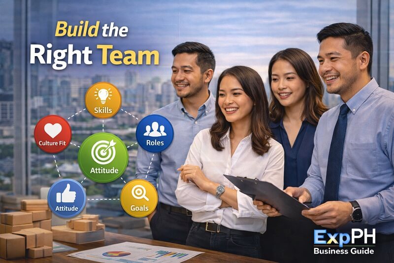 Filipino business professionals collaborating in an office while planning roles and responsibilities to build the right team for business growth.