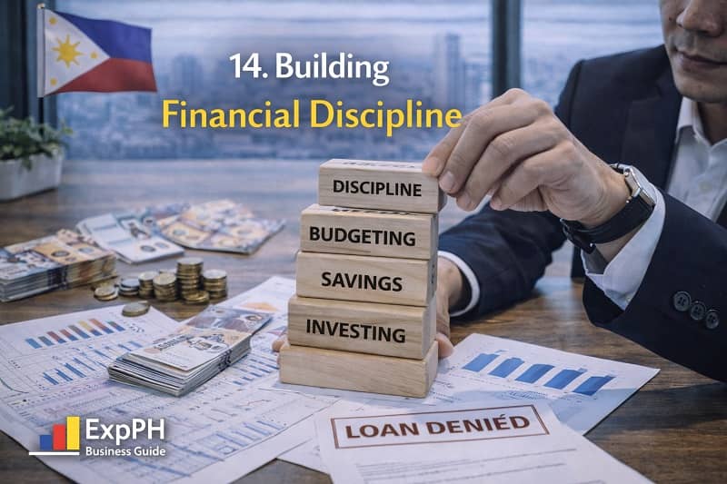 Building financial discipline in the Philippines with businessman stacking budgeting, savings, and investing blocks on desk with financial documents
