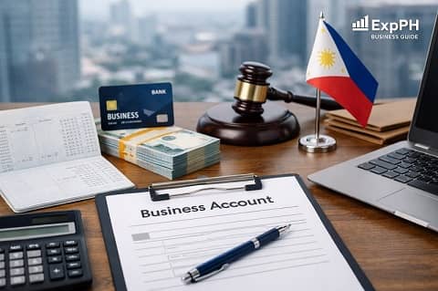 Business Bank Accounts in the Philippines setup showing financial documents, cash, calculator, and laptop on a professional office desk