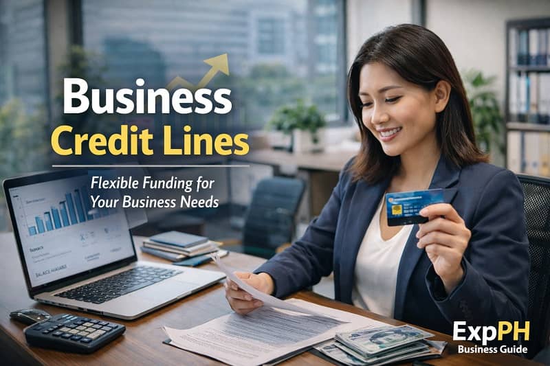 Filipino business owner reviewing documents while holding a credit card and managing business credit line in a modern office