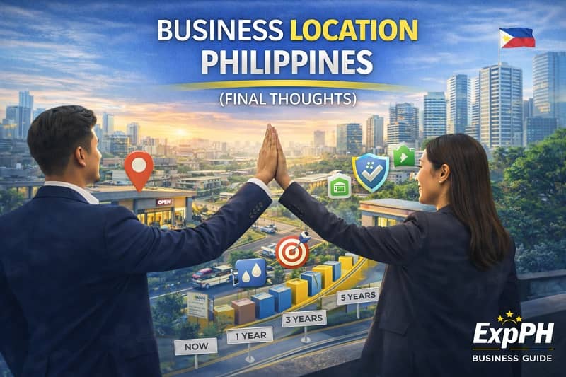 Entrepreneurs reviewing a successful business location in the Philippines while overlooking a growing Philippine city skyline with ExpPH Business Guide logo.