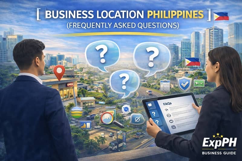 Entrepreneurs discussing common questions about business location in the Philippines while reviewing maps and business planning documents with ExpPH Business Guide logo.