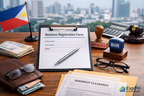 Business Registration in the Philippines documents including registration forms, BIR stamp, barangay clearance, and office setup