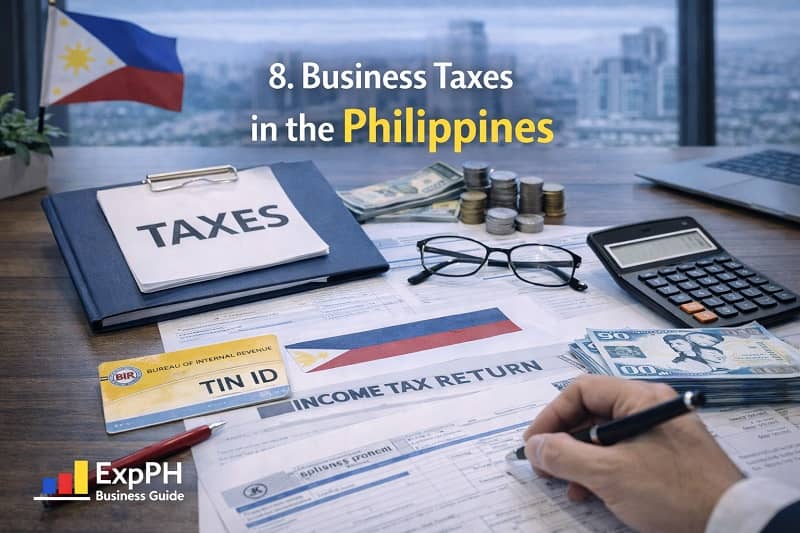 Business taxes in the Philippines with tax documents, TIN ID, calculator, and Philippine peso money on office desk