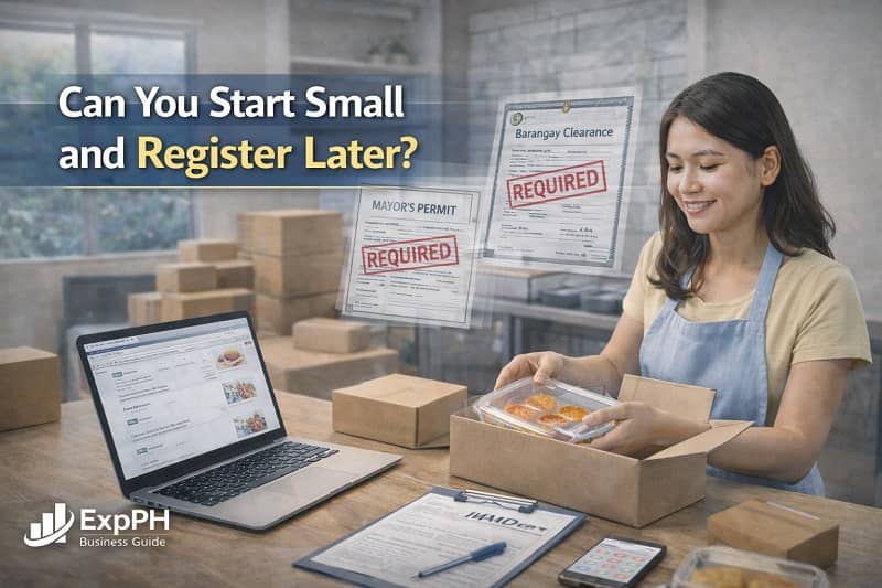 Filipino home-based entrepreneur packing food orders while reviewing business registration requirements on a laptop