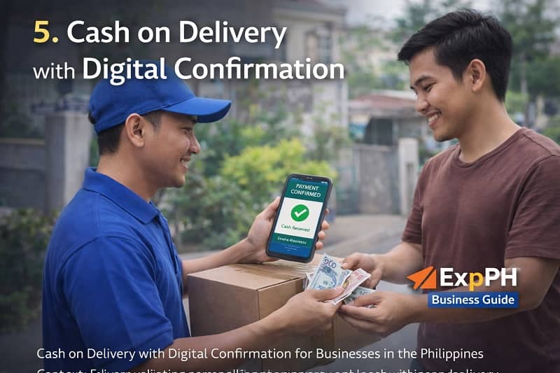 Delivery courier receiving cash payment from a customer while confirming cash on delivery transaction on a smartphone in the Philippines