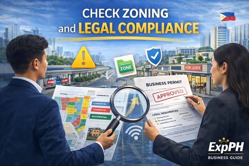 Entrepreneurs reviewing zoning maps and business permit documents to check zoning and legal compliance for a commercial location in the Philippines with ExpPH Business Guide logo.