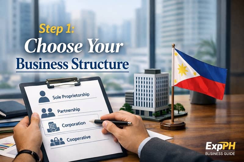 Business owner choosing between sole proprietorship partnership corporation and cooperative on a clipboard in a Philippine office setting with city background