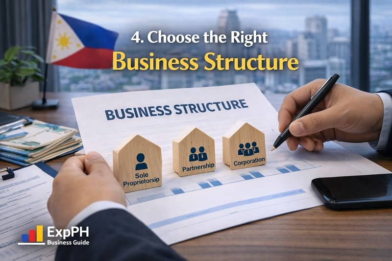 Choose the right business structure in the Philippines with sole proprietorship, partnership, and corporation options on desk with financial documents