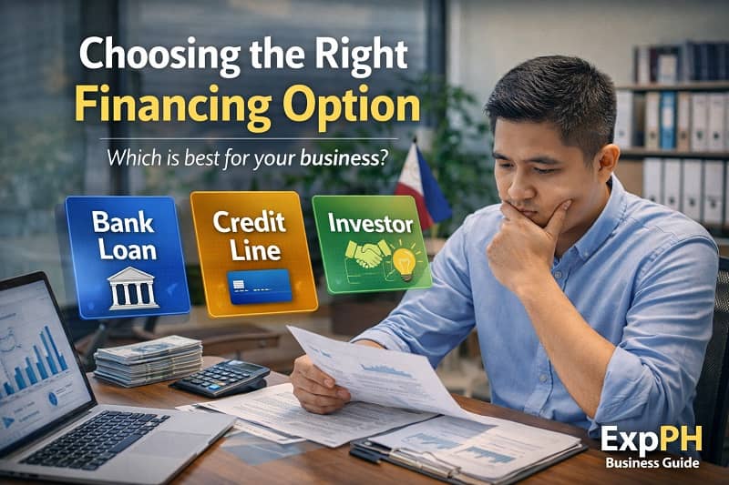 Filipino entrepreneur analyzing business financing options including bank loan, credit line, and investor in a modern office