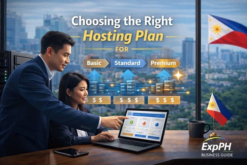 Choosing the right hosting plan for your business showing Filipino professionals reviewing hosting plans on a laptop with basic, standard, and premium options in a modern Philippine office.
