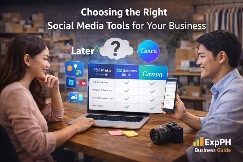 Filipino entrepreneurs reviewing and comparing social media management tools on a laptop in a small business workspace