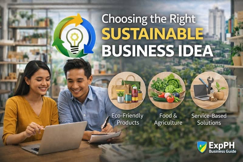 Filipino entrepreneur selecting a sustainable business idea with eco-friendly products and business planning tools in a Philippine setting