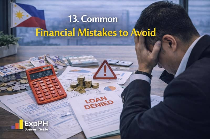 Common financial mistakes to avoid in the Philippines with stressed businessman, financial documents, calculator, and warning signs on desk