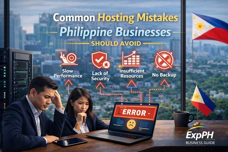 Common hosting mistakes Philippine businesses should avoid showing slow performance, lack of security, insufficient resources, and no backup in a modern Philippine business office.