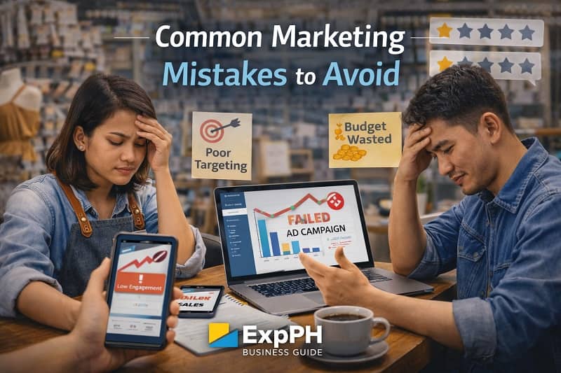 Filipino small business owners reviewing failed marketing campaigns and identifying common marketing mistakes in a local business setting