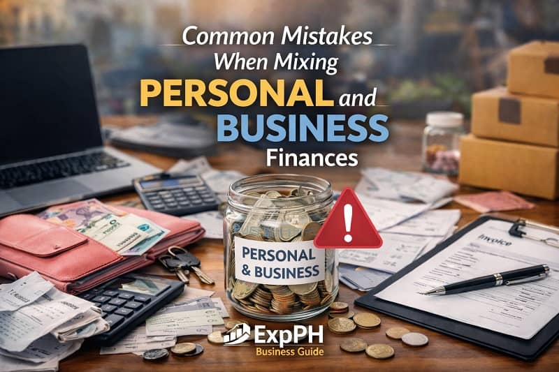 Desk workspace showing jar labeled personal and business finances mixed together with receipts calculator and invoices illustrating mistakes when mixing personal and business finances.