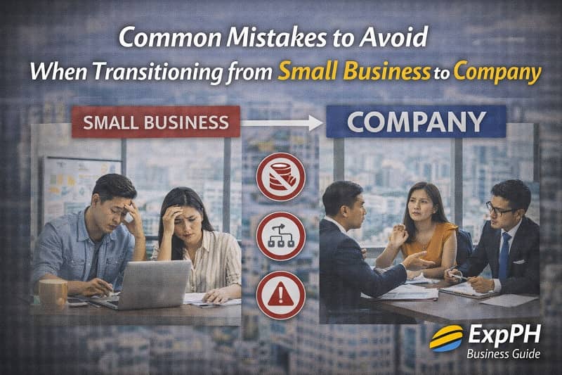 Filipino entrepreneurs making common business mistakes while transitioning from small business to company, shown with warning symbols and comparison scenes