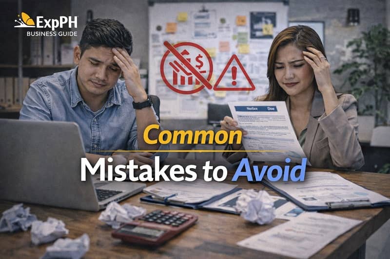 Filipino entrepreneurs stressed over financial and operational mistakes while reviewing documents and laptop data