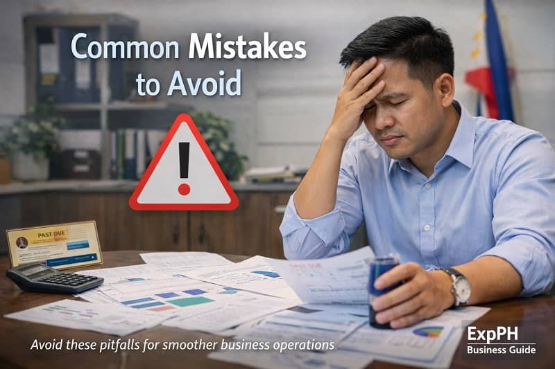 Entrepreneur reviewing documents with warning signs highlighting common business registration mistakes in the Philippines
