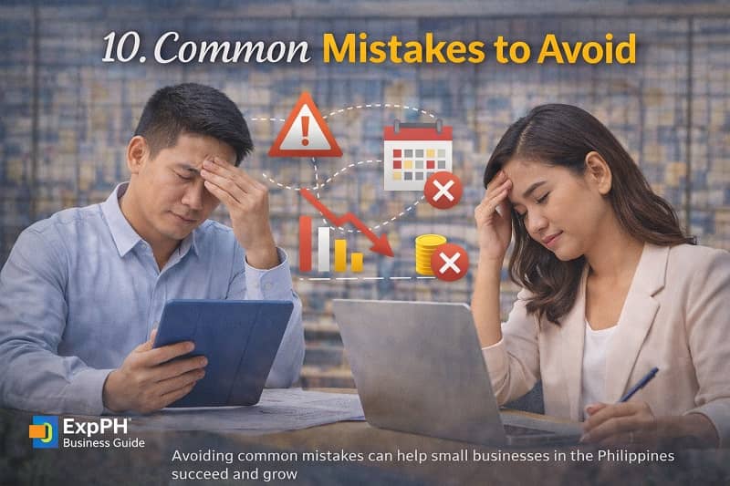 Filipino entrepreneurs stressed while reviewing business data with warning icons representing common mistakes to avoid in small business in the Philippines
