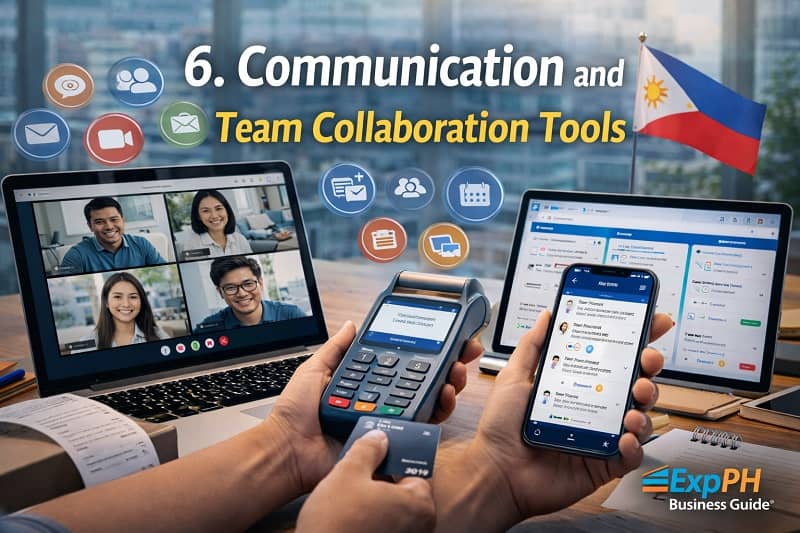 Laptop video call meeting, team chat app on smartphone, and project management dashboard in a modern Philippine office setting