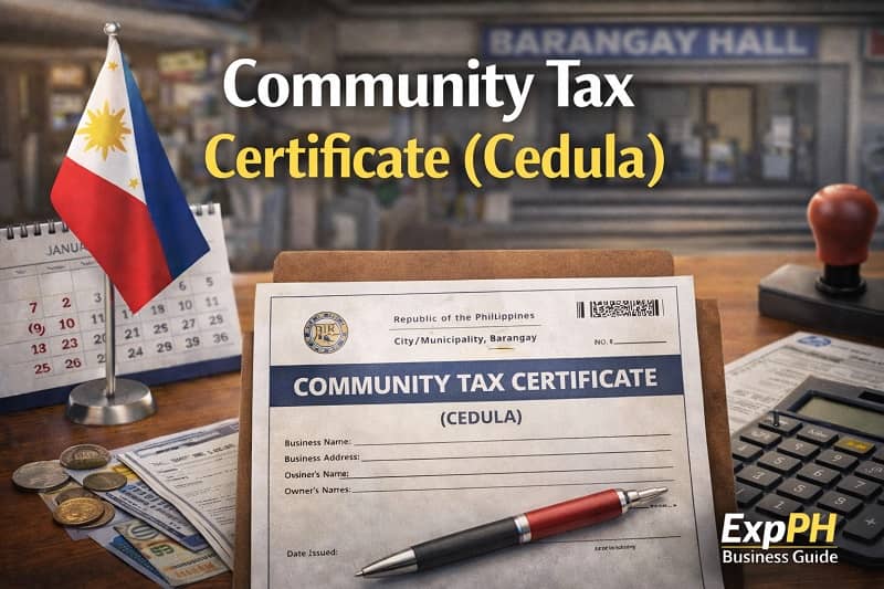 Community Tax Certificate Cedula document on a desk with Philippine flag and coins representing proof of community tax payment required for business transactions in the Philippines