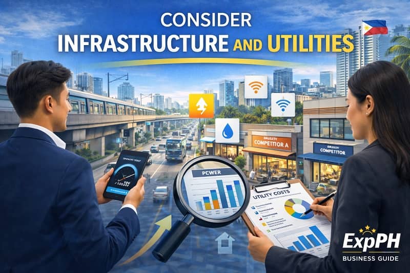 Entrepreneurs evaluating infrastructure and utilities such as internet, power, water, and transportation in a Philippine business district with ExpPH Business Guide logo.
