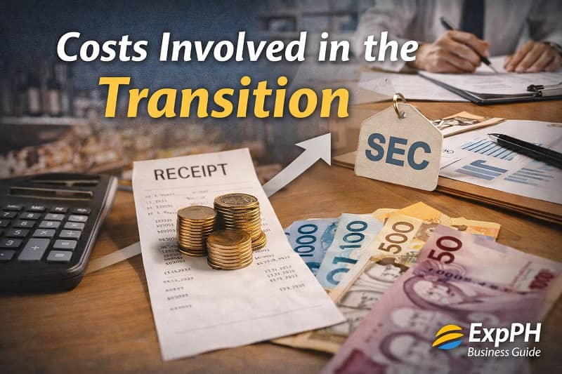 Filipino entrepreneur reviewing business expenses, documents, and calculator representing costs involved in transitioning to a company in the Philippines