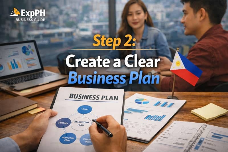 Filipino entrepreneurs creating a clear business plan with documents, charts, and laptop in a professional workspace
