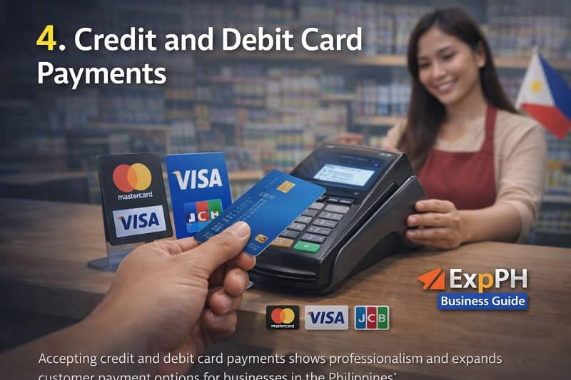 Customer using a credit card at a POS terminal in a Philippine retail store showing credit and debit card payment method