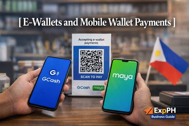 Filipino business counter with smartphones displaying GCash and Maya apps and QR code sign for e-wallet and mobile wallet payments