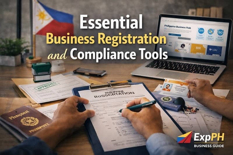 Business registration and compliance tools in the Philippines with documents, BIR forms, laptop, and Filipino entrepreneur completing registration process