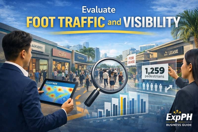 Entrepreneurs analyzing pedestrian foot traffic and storefront visibility in a busy Philippine commercial street while evaluating a potential business location with ExpPH Business Guide logo.