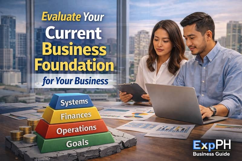 Filipino entrepreneurs reviewing financial reports and business systems to evaluate their current business foundation before scaling a small business in the Philippines.