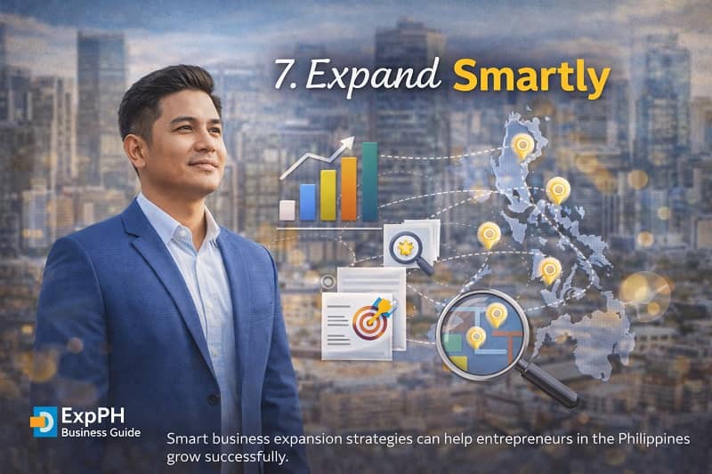 Filipino entrepreneur planning business expansion with growth charts and map representing smart expansion strategy in the Philippines