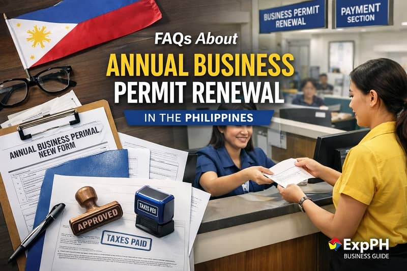 Business permit renewal process in the Philippines showing documents, approval stamp, and local government office transaction