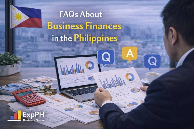 FAQs about business finances in the Philippines with businessman reviewing charts, laptop data, calculator, and Philippine peso money on desk