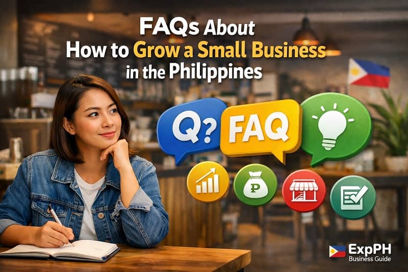 FAQs About How to Grow a Small Business in the Philippines. Filipino entrepreneur writing in a notebook with FAQ icons and business symbols in a café setting in the Philippines