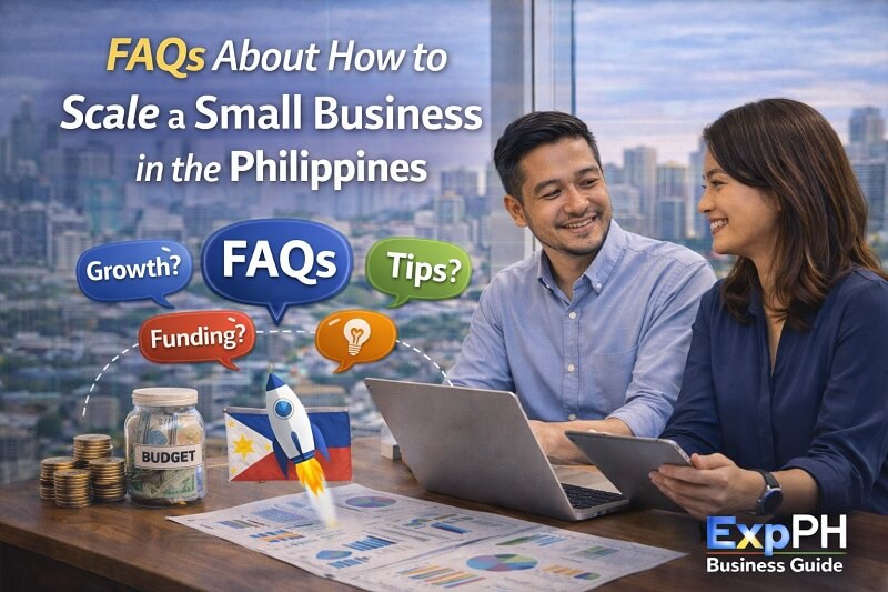 Filipino entrepreneurs discussing frequently asked questions about how to scale a small business in the Philippines while reviewing charts and growth plans.