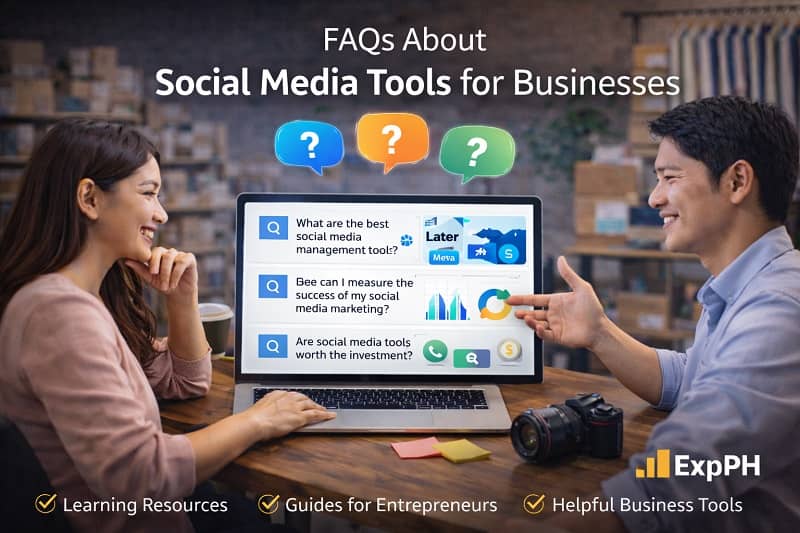 Filipino entrepreneurs reviewing frequently asked questions about social media tools for businesses on a laptop in a small business workspace