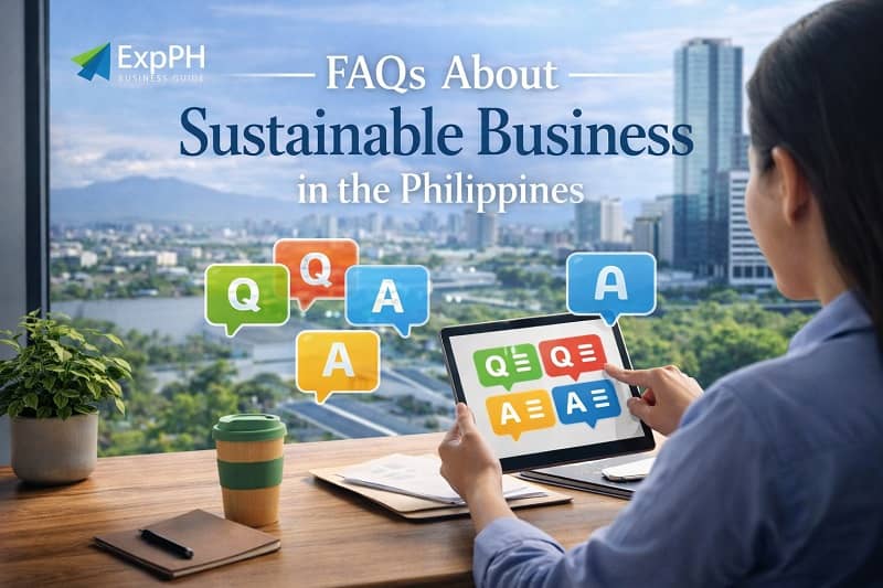 Filipina entrepreneur using a tablet with FAQ icons in a modern office overlooking a Philippine city, representing sustainable business questions and answers
