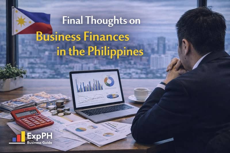 Final thoughts on business finances in the Philippines with businessman reviewing financial reports, laptop charts, and Philippine peso money on desk